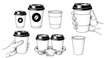 Hand Drawn Coffee Cups and Carrier Illustration in Black and White Style