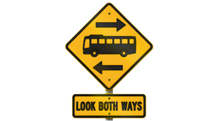 Cautionary road sign alerts drivers to watch for buses coming from both directions, emphasizing safety and awareness on the roads, promoting careful driving