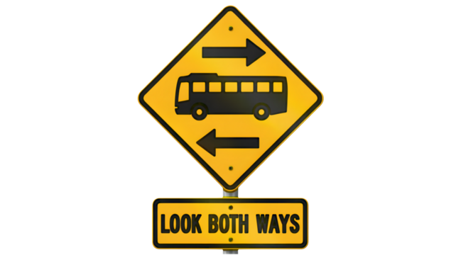 Cautionary road sign alerts drivers to watch for buses coming from both directions, emphasizing safety and awareness on the roads, promoting careful driving