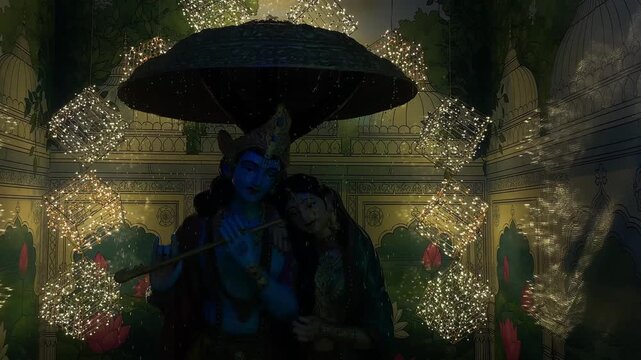 Radha Krishna Statue with Divine Lighting and Floral Backdrop