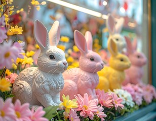 Decorative Easter bunnies in a window display