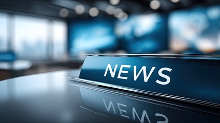 Dynamic blurred background of a modern TV studio featuring multiple screens and a vibrant news banner ideal for creative projects and virtual applications