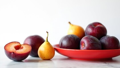 Assortment ripe plums, yellow figs, pear fruits. Fresh healthy organic vegetarian food on red plate, marble surface. Summer harvest, sweet vitamins, juicy deliciousness, healthy eating diet concept.