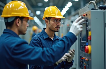 Asian male foreman instructs trainee on factory machine operation in industrial workshop. Man explains procedures to colleague worker, emphasizing safety protocols, equipment controls. Career
