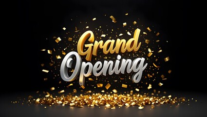 Grand Opening Celebration Gold Silver Confetti Black Background