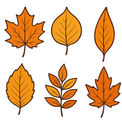 Set of autumn leaves with outline, hand-drawn style