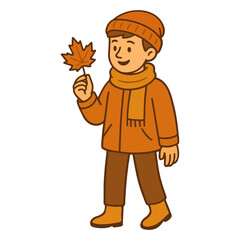 Autumn illustration of a boy in warm clothes holding a maple leaf