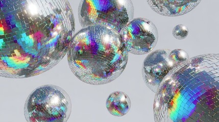 many different size iridescent disco ball, festive background