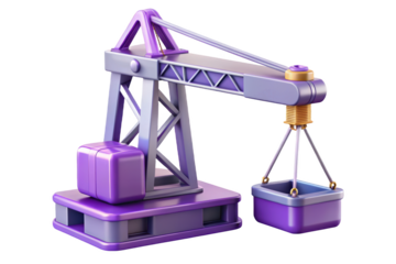 Cartoon crane lifting a container construction concept glossy purple colors 3d illustration isolated on transparent background