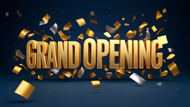 Grand Opening Celebration: A celebratory design announces a grand opening with bold, golden lettering and a shower of shimmering confetti, set against a deep background