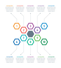 Infographic template for business, science, education, industry, technology world. Ten steps colorful hexagons information template. Infographic template for magazine, annual report, catalog