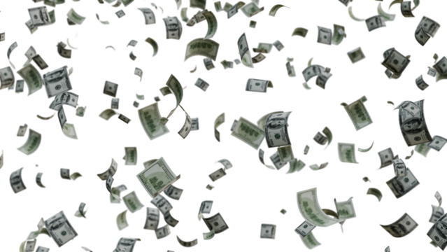 US Dollar Banknotes Flying Transparent PNG. money rain effects, finance-themed graphics, business ads, wealth or investment promotions, and creative motion design projects.