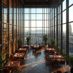 Tall window city view from second floor classic library polished wooden shelving soft natural light elegant heritage room concept interior design wallpaper background