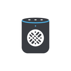 Flat vector design of smart speaker device, symbolizing voice recognition technology, artificial intelligence assistant, and modern smart home innovation