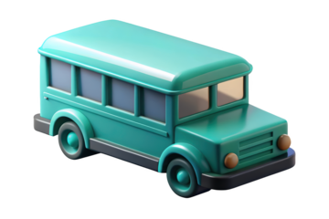 Cartoon school bus rendered in 3d with charming pastel green coloration 3d illustration isolated on transparent background