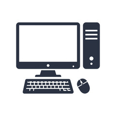Fototapeta premium Vector flat illustration of desktop computer set with monitor, CPU, keyboard, and mouse, representing modern technology equipment for work, learning, and communication