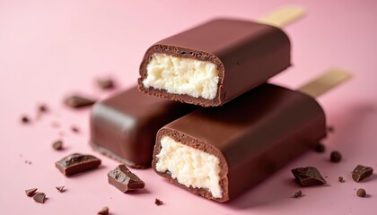 Chocolate coated ice cream bars. Creamy vanilla ice cream inside rich dark chocolate shell. Delicious dessert, sweet treat promotion. Perfect for summer, parties, celebrations, sharing moments.