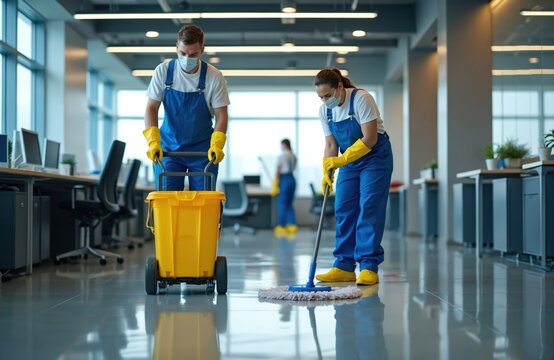 Professional cleaners in masks mop office floor. Team maintains tidy, safe workspace with cart, mop. Focus on hygiene, cleanliness, order. Modern office interior, daytime work.