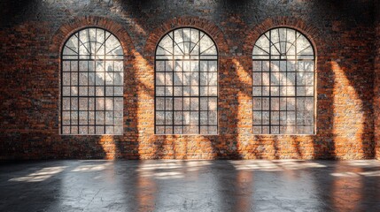 Industrial Brick Wall with Tall Arched Windows in Natural Light