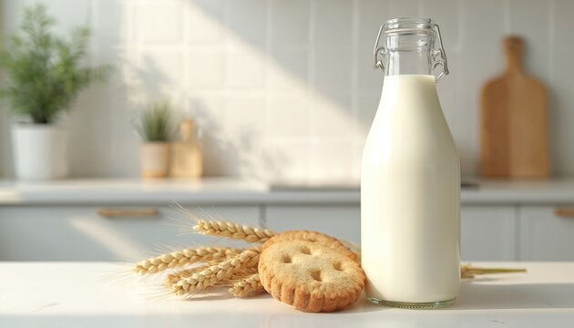 Minimalist kitchen counter features glass bottle of fresh milk, wheat biscuits, and dried wheat stalks. Clean, simple, modern white background. Natural light creates soft shadows. - Powered by Adobe