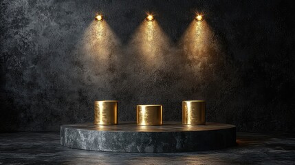 Dark and Moody Podium Mockup with Metallic Gold Cylinders