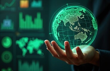 Hand holds glowing digital globe over data charts and world map graphic. Hyperrealistic visualization of marketing technology, data analysis, global business strategy, and system optimization.