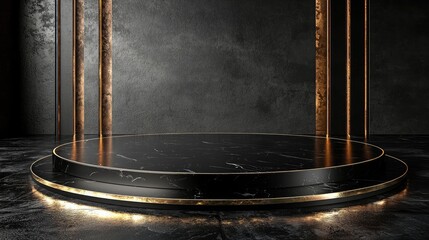 Minimal Dark Podium Scene with Glossy Black Floor and Lighting