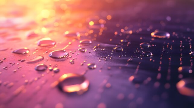 Photograph of water droplets on a dark, iridescent surface with warm golden highlights.