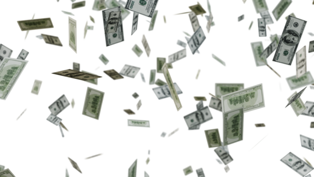 US Dollar Banknotes Flying Transparent PNG. money rain effects, finance-themed graphics, business ads, wealth or investment promotions, and creative motion design projects.
