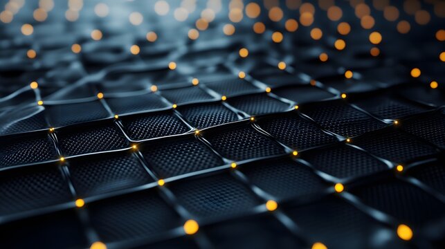 3D render of a dark, hexagonal grid illuminated by scattered golden points, creating a futuristic texture.