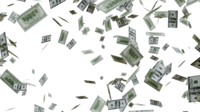 US Dollar Banknotes Flying Transparent PNG. money rain effects, finance-themed graphics, business ads, wealth or investment promotions, and creative motion design projects.