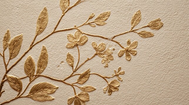 Embossed golden floral pattern on textured beige wall. Abstract botanical mural.