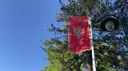 National flag of the independent state of Montenegro on the Balkan Peninsula on background of blue sky