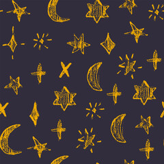Seamless pattern with stars and moon drawn with crayon texture brush