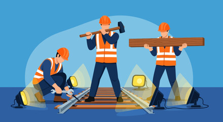 Railway construction workers in action laying tracks and carrying materials for infrastructure development