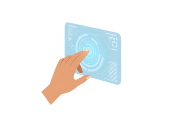 Vector flat illustration of a human hand touching a holographic AR interface
