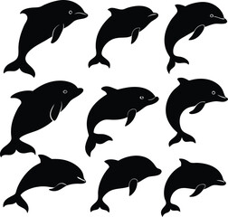 Black Dolphin Silhouettes Vector Illustration: Marine Animal Clip Art Graphics