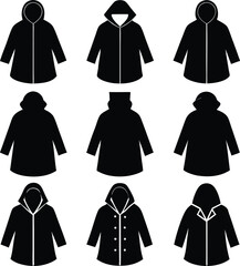 Black and White Vector Illustration of Raincoats and Hoodies Fashion Icons Set