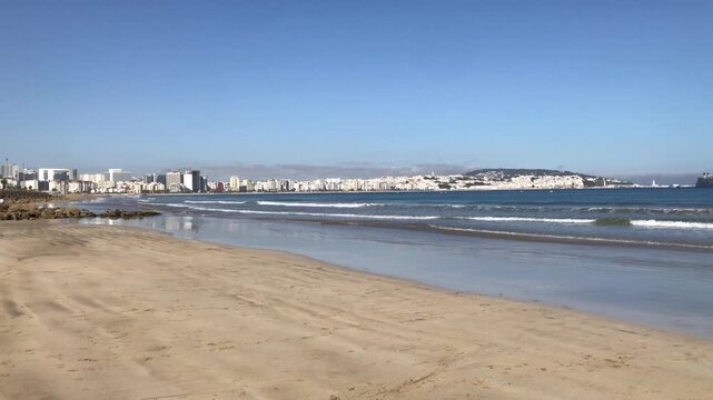Panoramic view of Tangier city beach in a clear sunny summer day.
