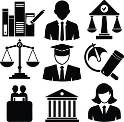 Black and White Law and Justice Icon Set: Lawyer, Scales, Court, and Legal Symbols
