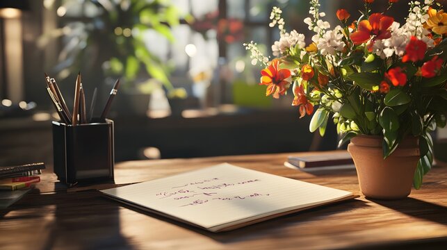 Photograph of a wooden desk with a notebook, pens, and a flower arrangement, bathed in soft light. - Powered by Adobe