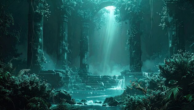 Enchanted Teal Ruins: Mystical Archway in Lush Overgrown Temple