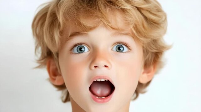 A surprised young boy with blond hair and blue eyes, his mouth wide open.