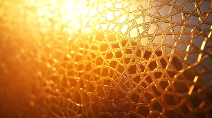 Photograph of golden intricate network pattern, radiating warm light, suggesting geometric design and texture.