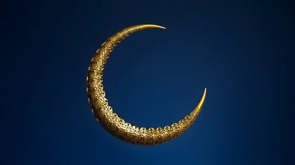 3D render of a golden crescent moon against a dark blue background, showcasing a textured, geometric design.