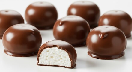 Fototapeta premium 滑らかチョコが輝く 白いマシュマロ包み 甘く溶ける美味しさ. AI Generated