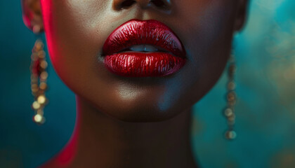 Sexy lips of a beautiful dark-skinned woman. Lip augmentation with Botox, cosmetics and facial makeup.
