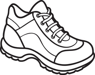 hiking shoe footwear line art, coloring book page line art drawing, vector and illustration