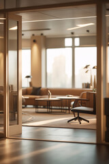 minimalist meeting room setup with bright morning ambiance and natural sunlight entering via wide office glass walls interior design wallpaper background