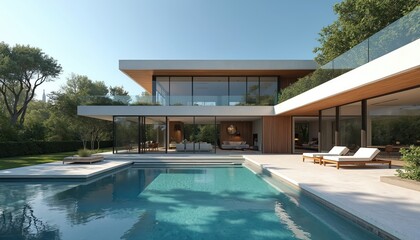 Modern luxury home design featuring spacious living areas, large glass windows, inviting swimming pool. Ai-generated architectural masterpiece blends contemporary aesthetics with nature, offering